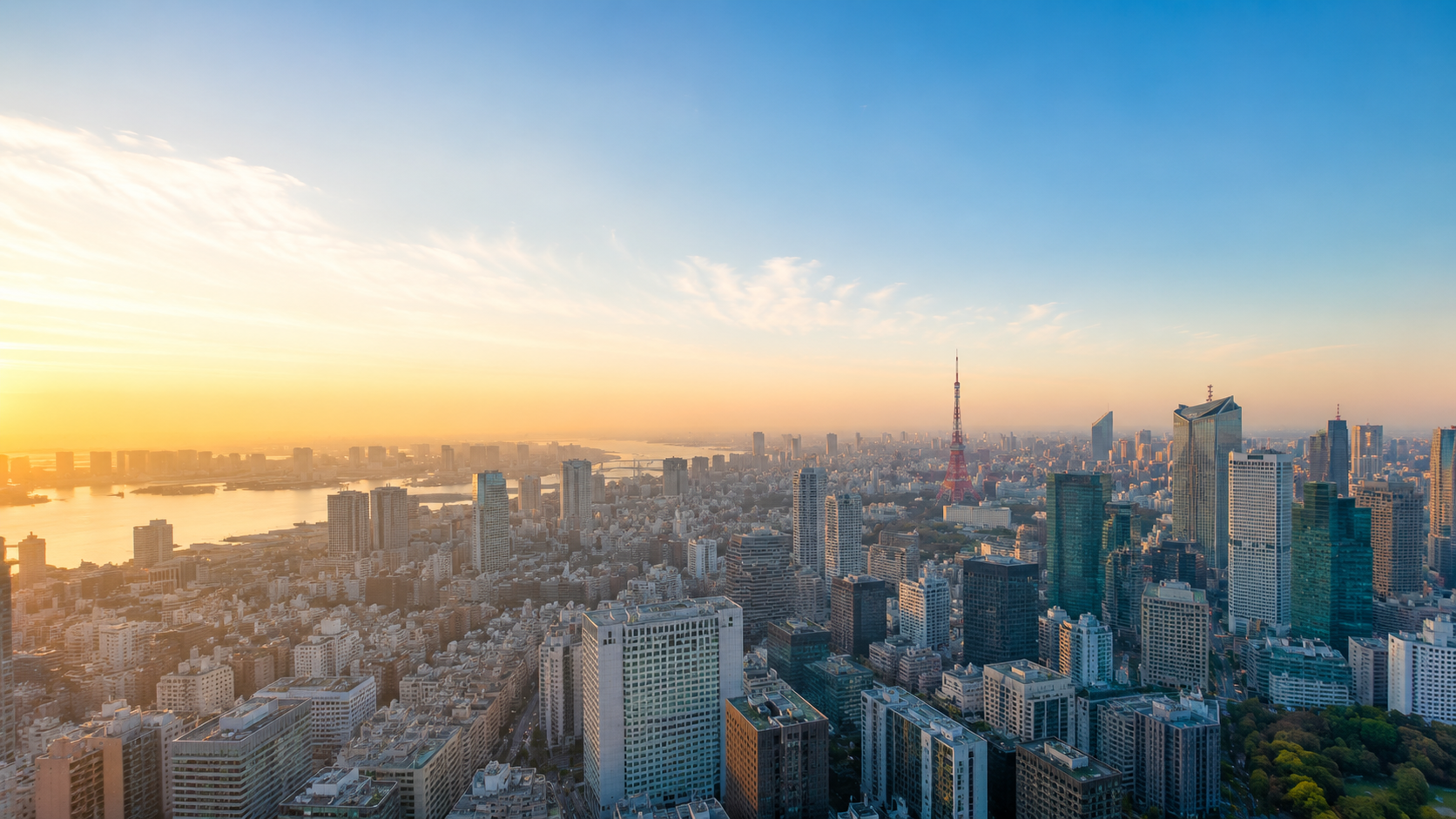 東京のビジネス街を俯瞰した朝の都市景観
